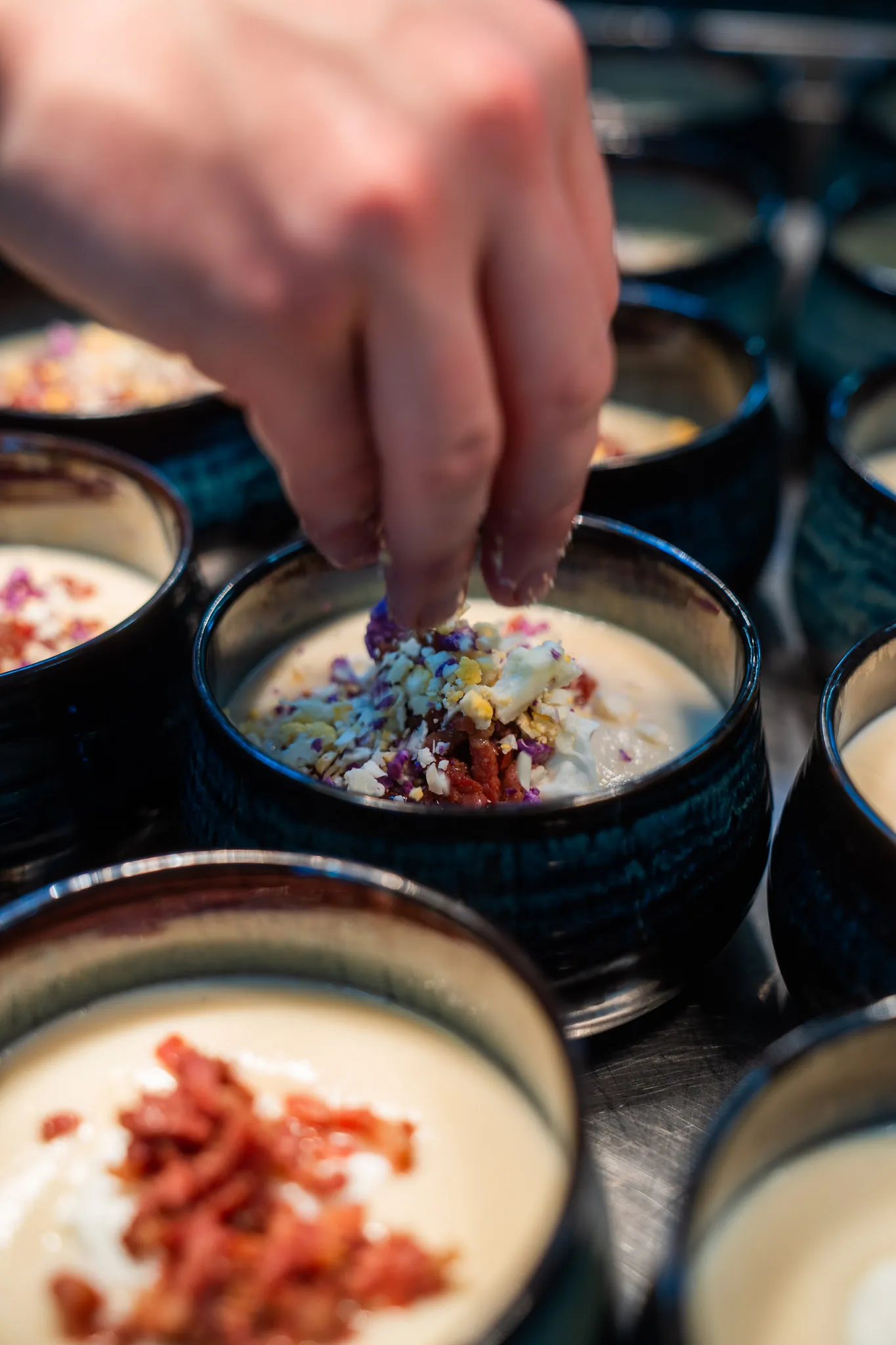 Individual starters garnished for a catered celebration