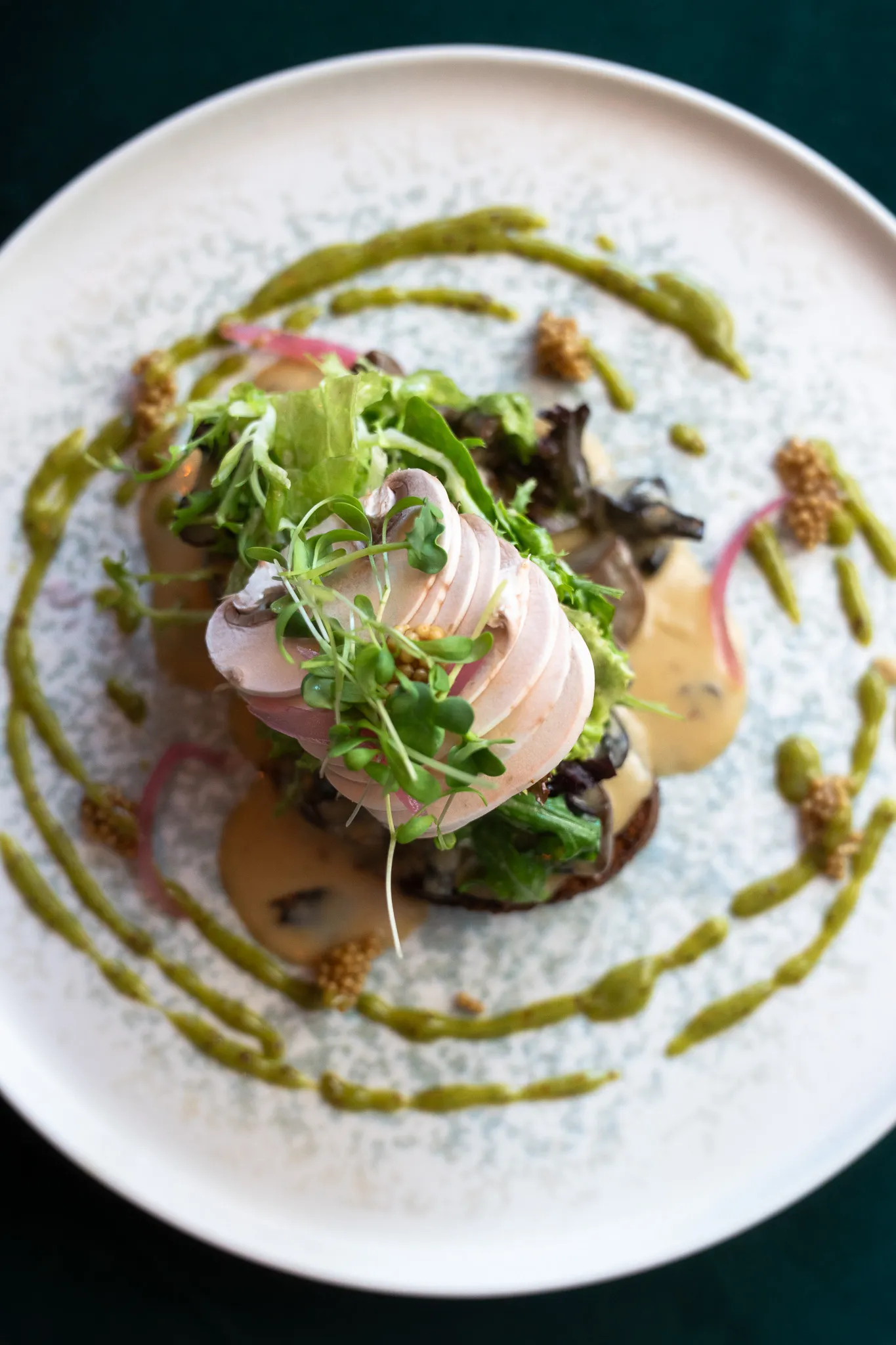 Mushroom salad with herb emulsion, overhead