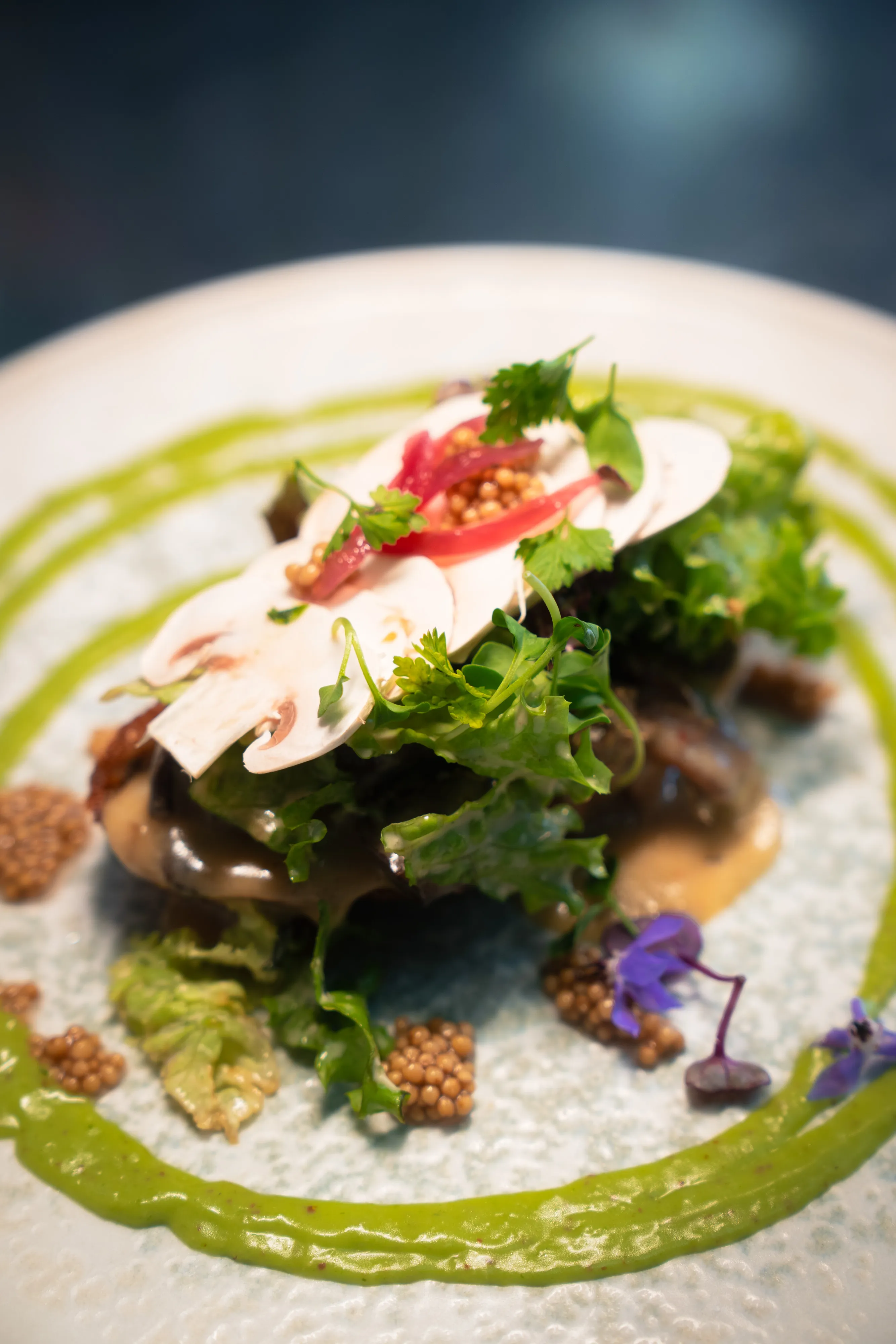 Mushroom and pear salad with pickled onion
