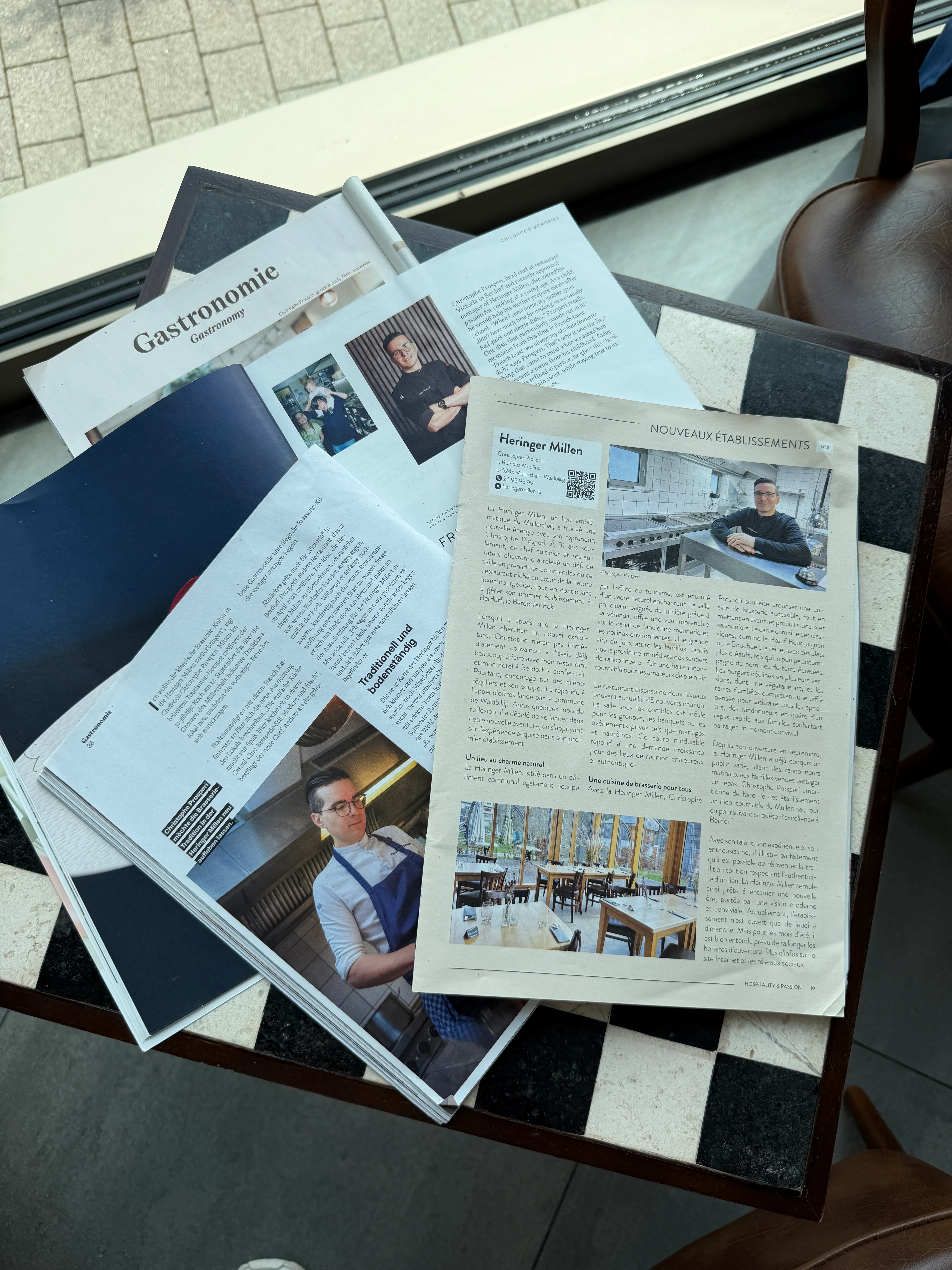 Press clippings featuring Christophe Prosperi in Gastronomie and Hospitality & Passion magazines