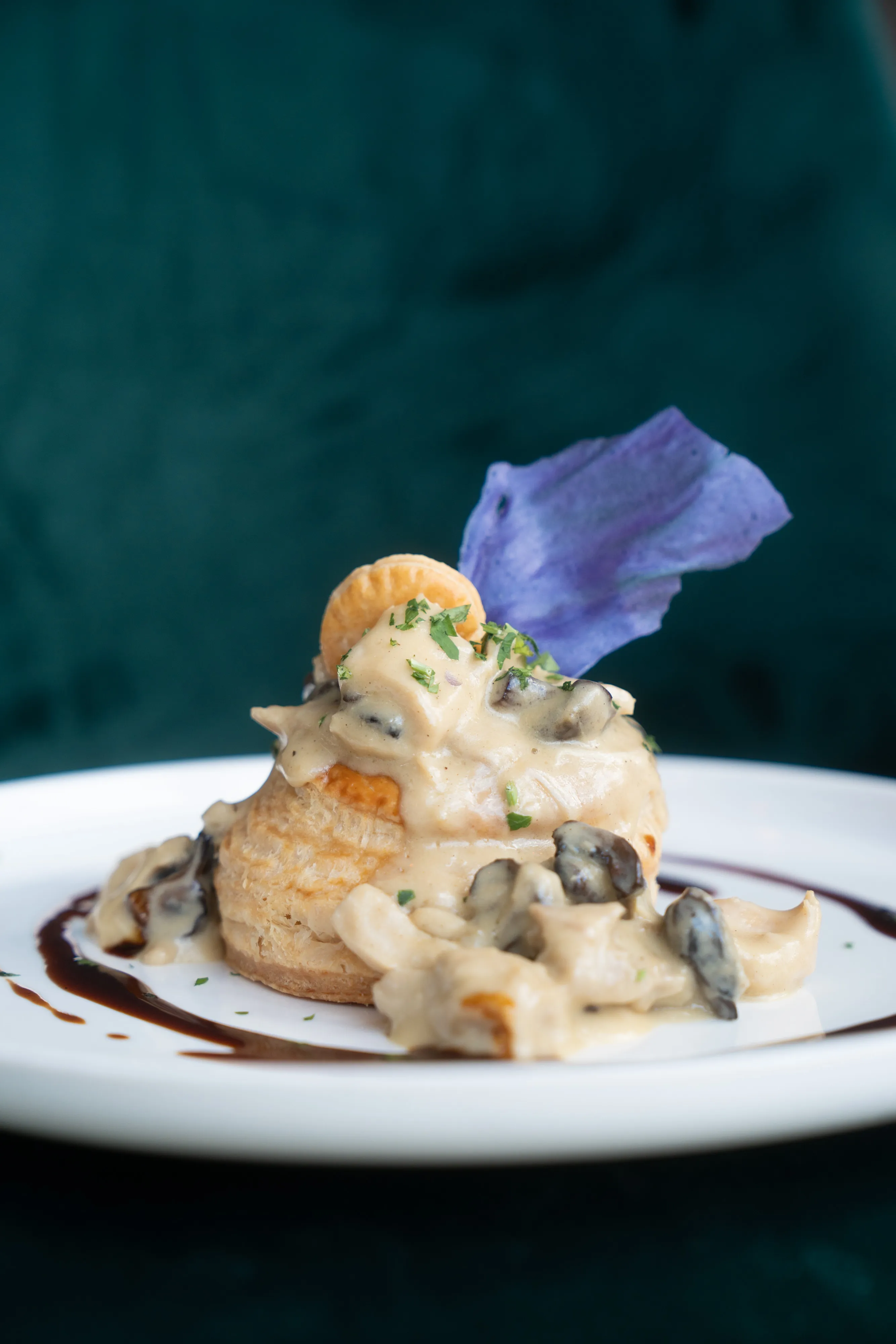 Signature plated dish with wild mushrooms and shellfish